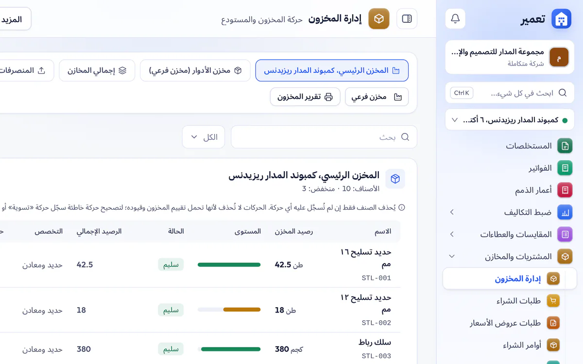 لقطة شاشة لصفحة المخازن في تعمير مع أرصدة الأصناف وحدود إعادة الطلب