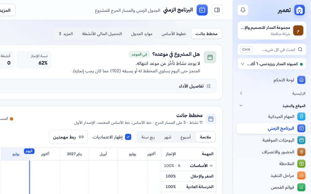 لقطة شاشة لصفحة الجدول الزمني في تعمير: مخطط جانت والمسار الحرج ومهام المشروع